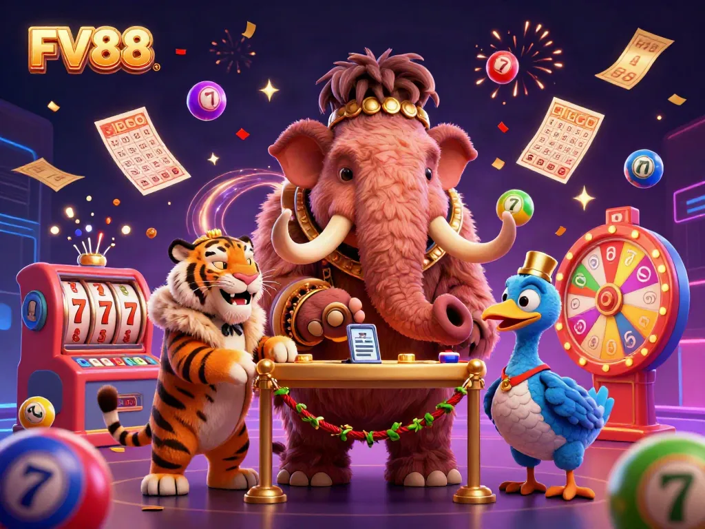 Engage with the exciting world of FV88, featuring a woolly mammoth bouncer and vibrant casino elements.
