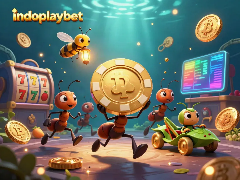 Indoplaybet menampilkan ilustrasi 3D tim semut membawa chip poker emas di kasino
