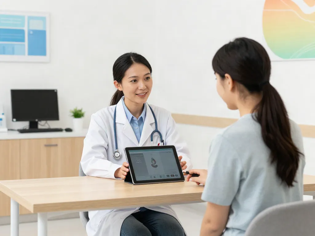 Telehealth consultation for perx peptide therapy with healthcare professional and patient in modern clinic.