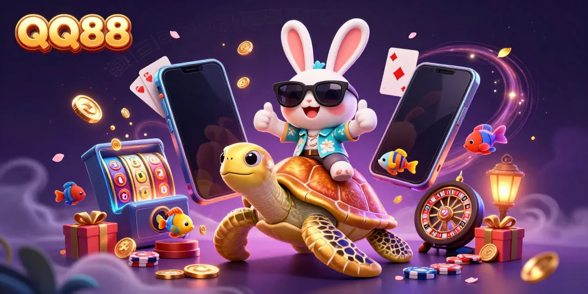 Engaging QQ88 illustration with a lucky rabbit and sea turtle among casino games and vibrant elements.