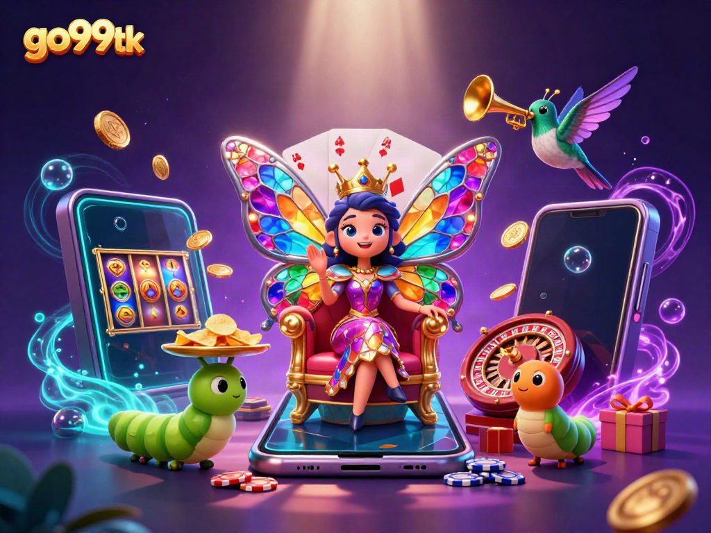 Experience the vibrant world of go99tk, where a butterfly queen oversees thrilling gambling with slot games and rich prizes.