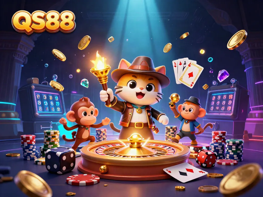 Experience thrilling discoveries at QS88, where a cat and monkey uncover casino treasures amid golden coins and vibrant gems.