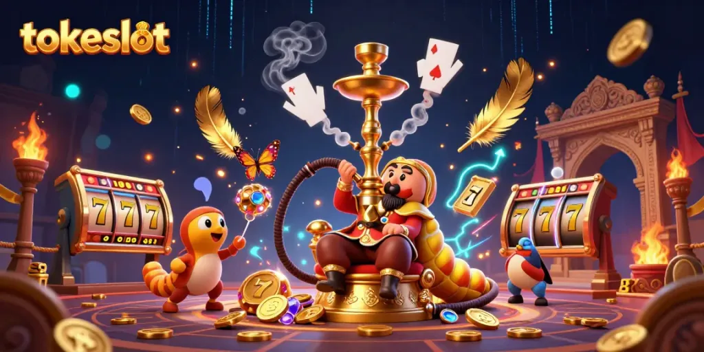 Permainan yang seru dengan tokeslot, caterpillar raksasa, simbol poker, dan slot yang menarik.