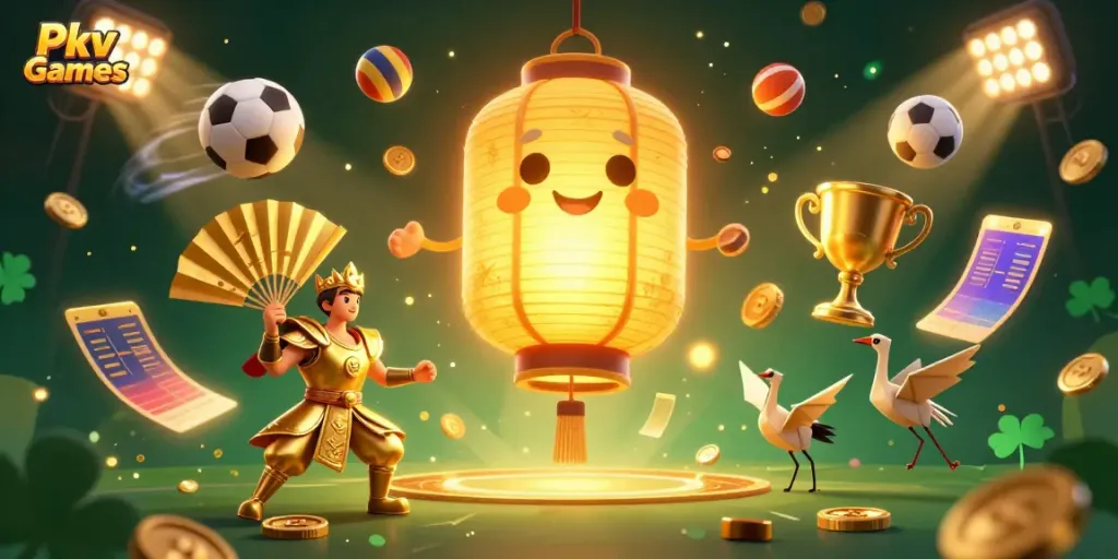 Engage with Pkv Games through a vibrant scene of an exhilarating night market casino filled with dynamic sports elements and lucky symbols.
