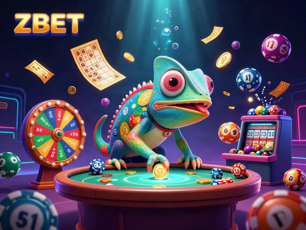 ZBET casino promotion featuring a chameleon owner collecting coins amid a vibrant gambling scene