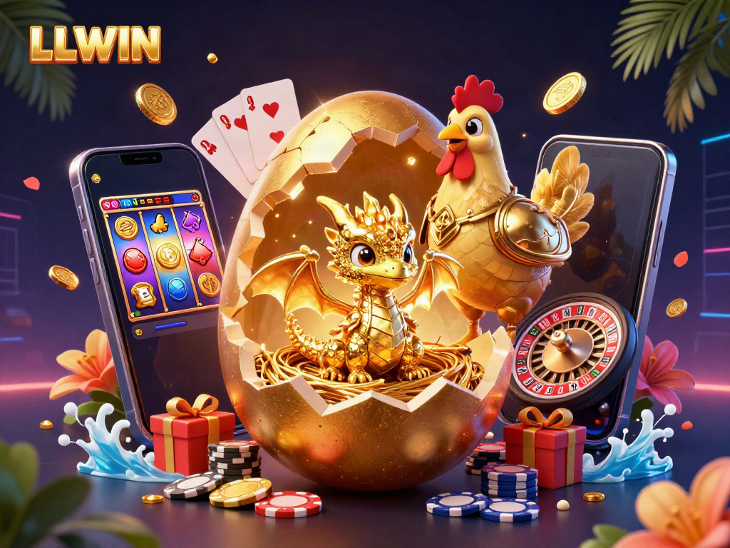 Experience LLWIN's thrilling gambling world with a golden baby dragon breaking free from a colossal egg.