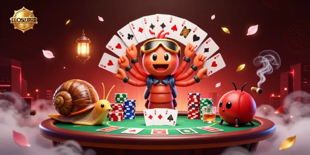 Experience top-tier gaming with LGOSUPER and whimsical characters at a vibrant poker table.