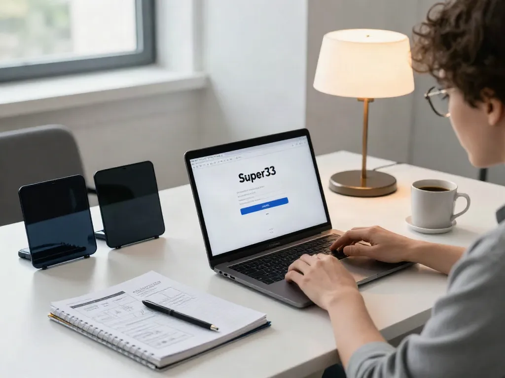 Engaging workspace showcasing Super33 login interface on laptop surrounded by tech tools.