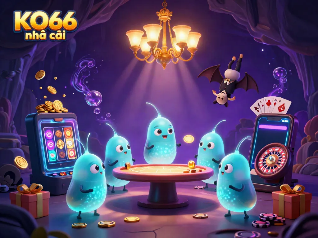Engage with the illuminated charm of KO66 nhà cái featuring glowworms and a bat dealer in a vibrant casino setting.