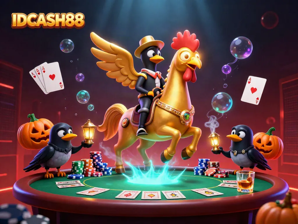 Join the excitement at IDCASH88 with a golden rooster character amidst poker action in a vibrant casino setting.