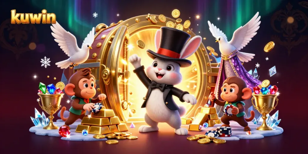 Experience the excitement of kuwin gambling with playful characters showcasing casino magic and treasures.