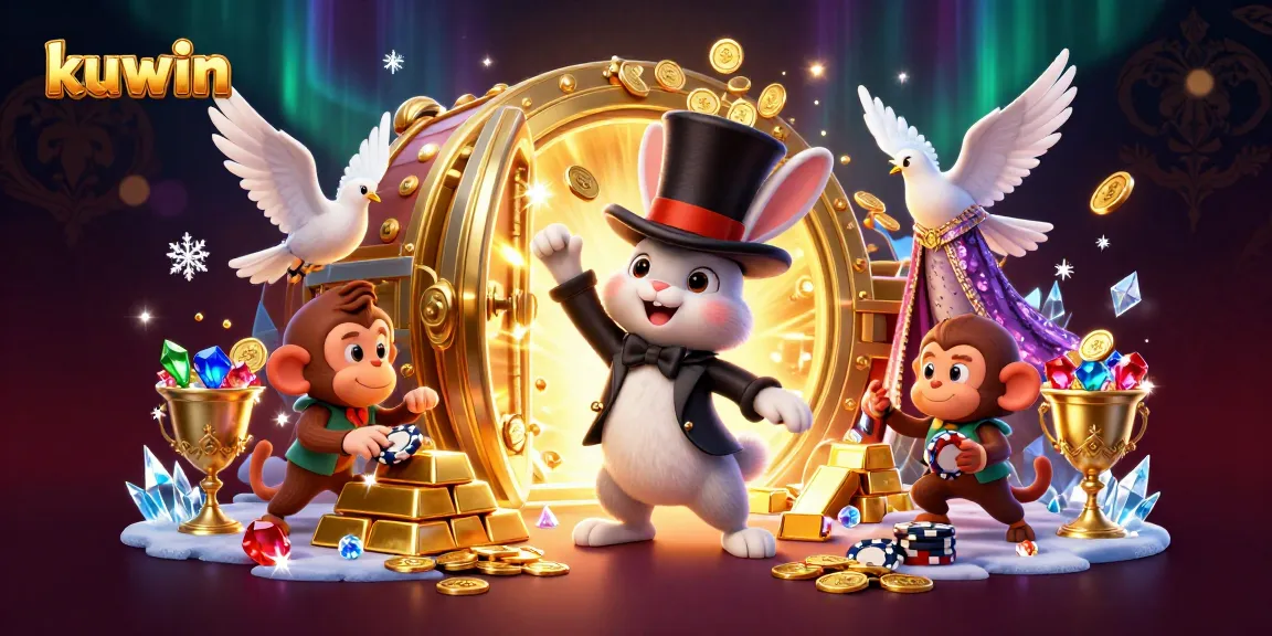 Experience the excitement of kuwin gambling with playful characters showcasing casino magic and treasures.