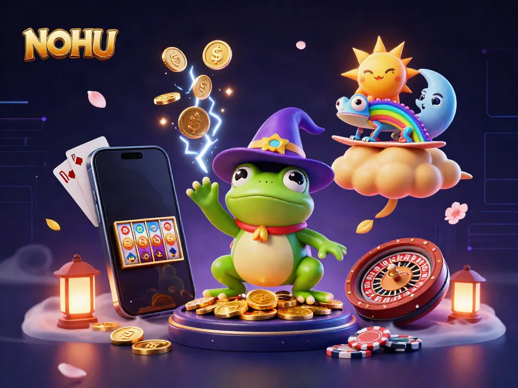 Experience the magical NOHU casino world with dynamic characters, golden coins, and vibrant gaming elements.