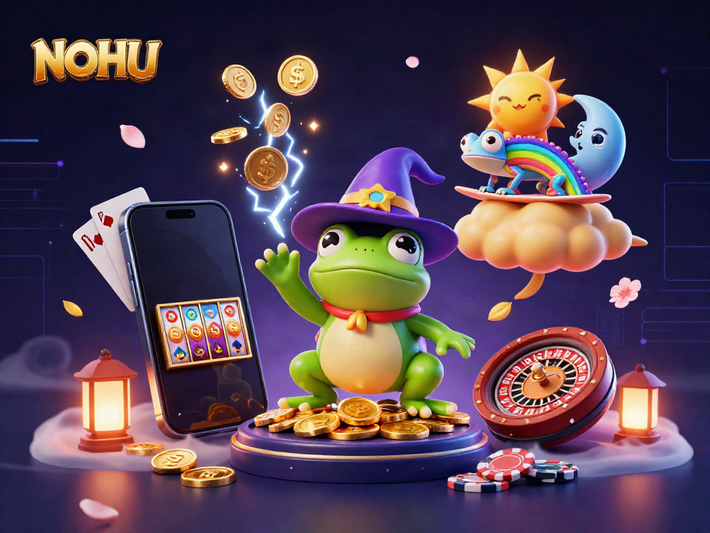 Experience the magical NOHU casino world with dynamic characters, golden coins, and vibrant gaming elements.