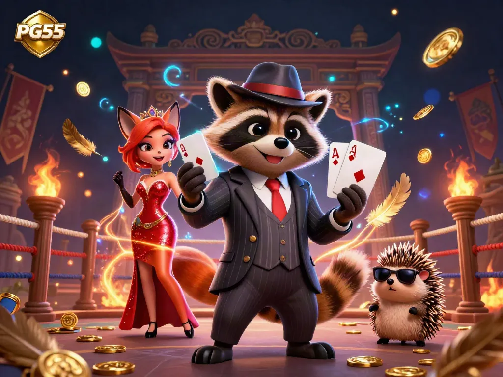 Experience the thrilling atmosphere of PG55 with dynamic characters and vibrant casino elements in this illustrated scene.