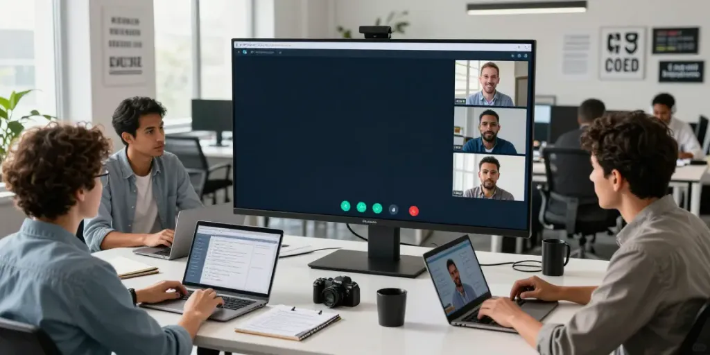 Deepfake protected Online Video Calls, Meetings and Conferencing in a modern office with diverse team members collaborating.