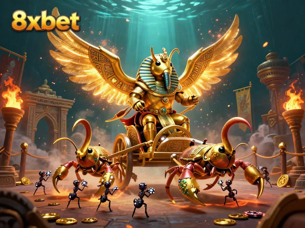 Experience thrilling gameplay at 8xbet, with 3D illustrations showcasing vibrant casino elements and action.