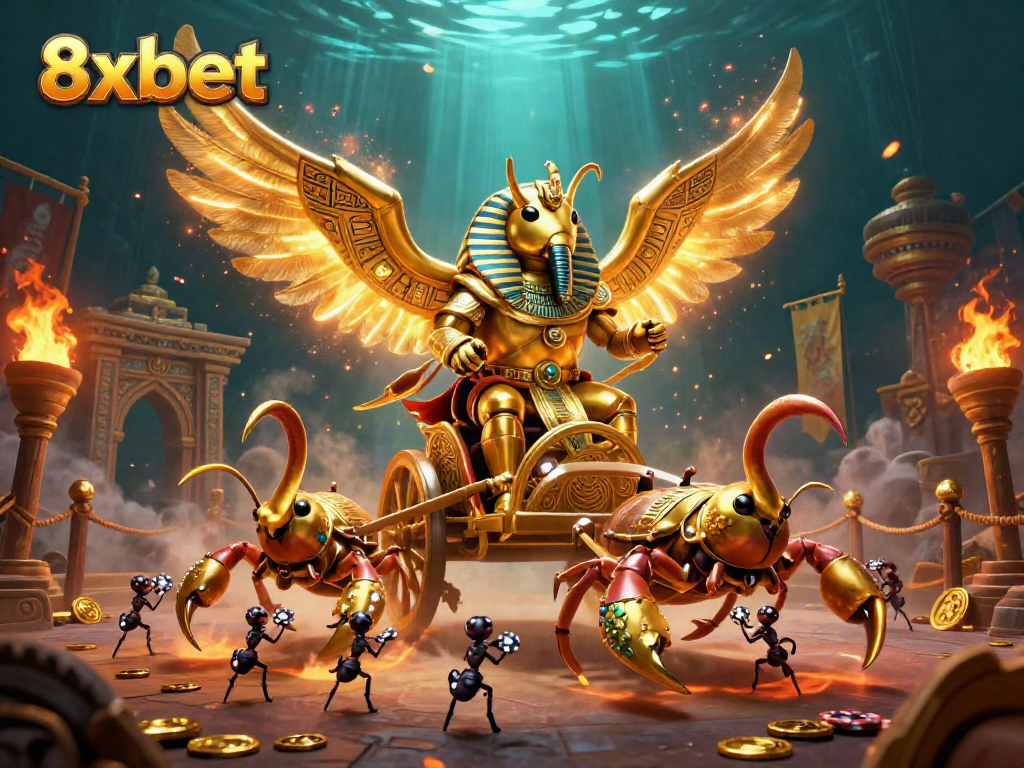 Experience thrilling gameplay at 8xbet, with 3D illustrations showcasing vibrant casino elements and action.