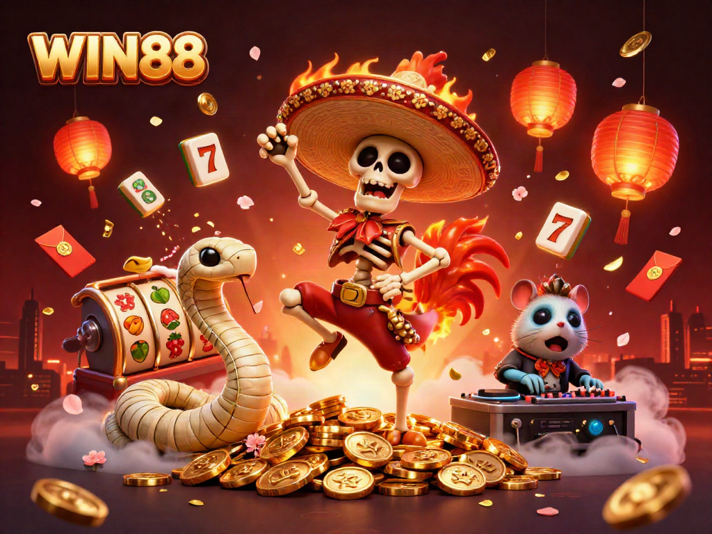 Experience the excitement at WIN88 with vibrant casino characters celebrating on golden coins.