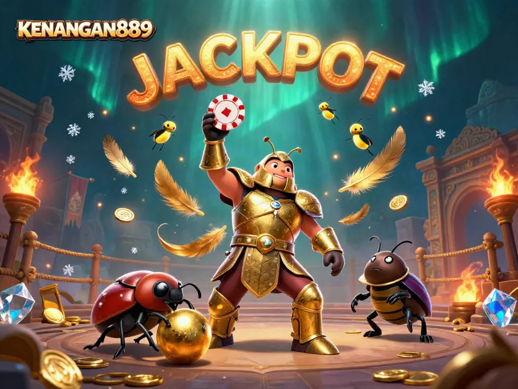 Experience the thrill of KENANGAN889 with a victorious hercules beetle amidst a rich casino scene.