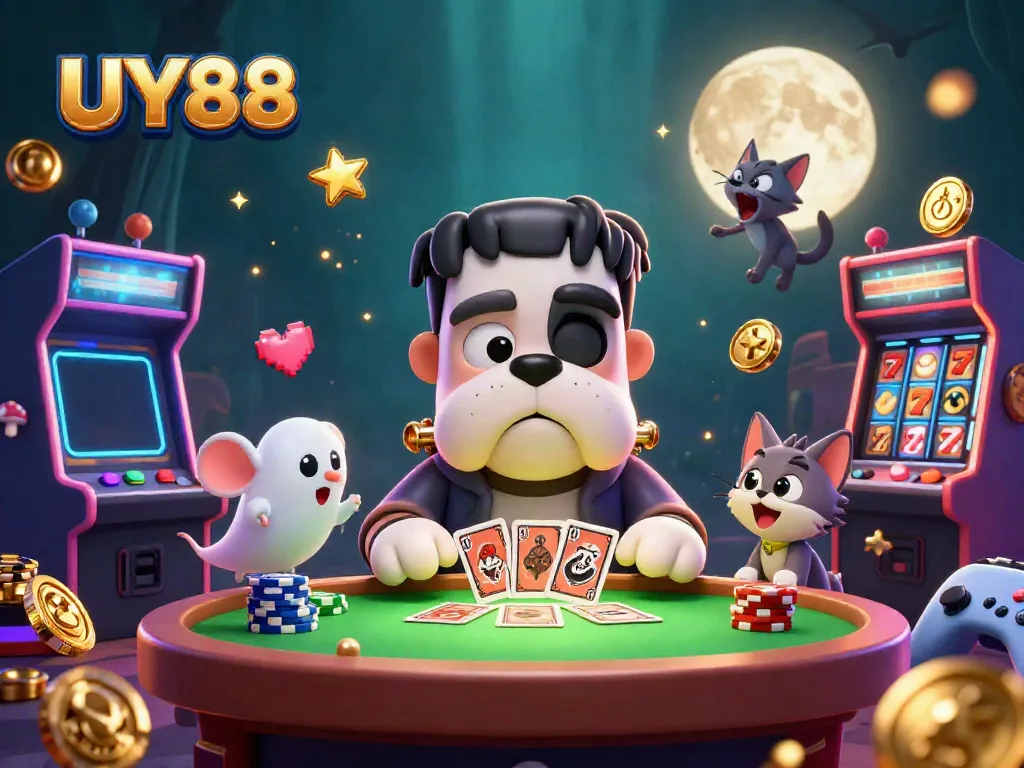 Experience thrilling gameplay at UY88 with a spooky casino scene featuring engaging characters and vivid visuals.
