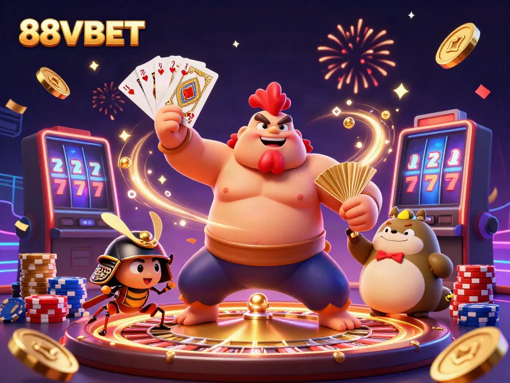 Experience thrilling games with 88VBET in a dynamic 3D casino illustration featuring lively characters and game elements.