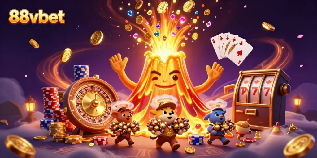 Experience excitement with 88vbet in this vibrant casino-inspired 3D illustrated scene featuring treasures and games.