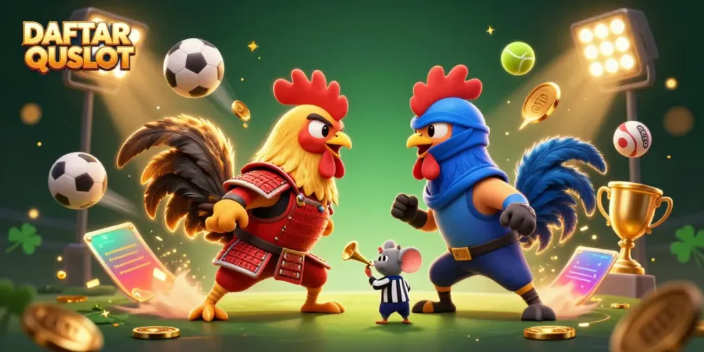 Engage in DAFTAR QQSLOT action with dynamic fighting roosters and vibrant casino elements