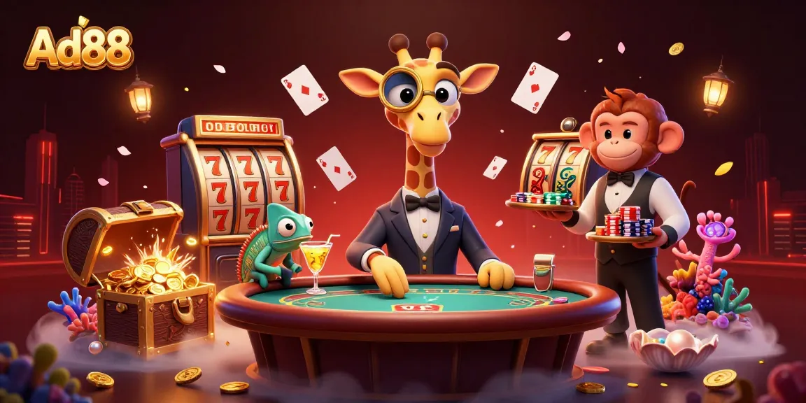 Ad88 offers an exciting casino experience with vibrant characters enjoying rich games and promotions.