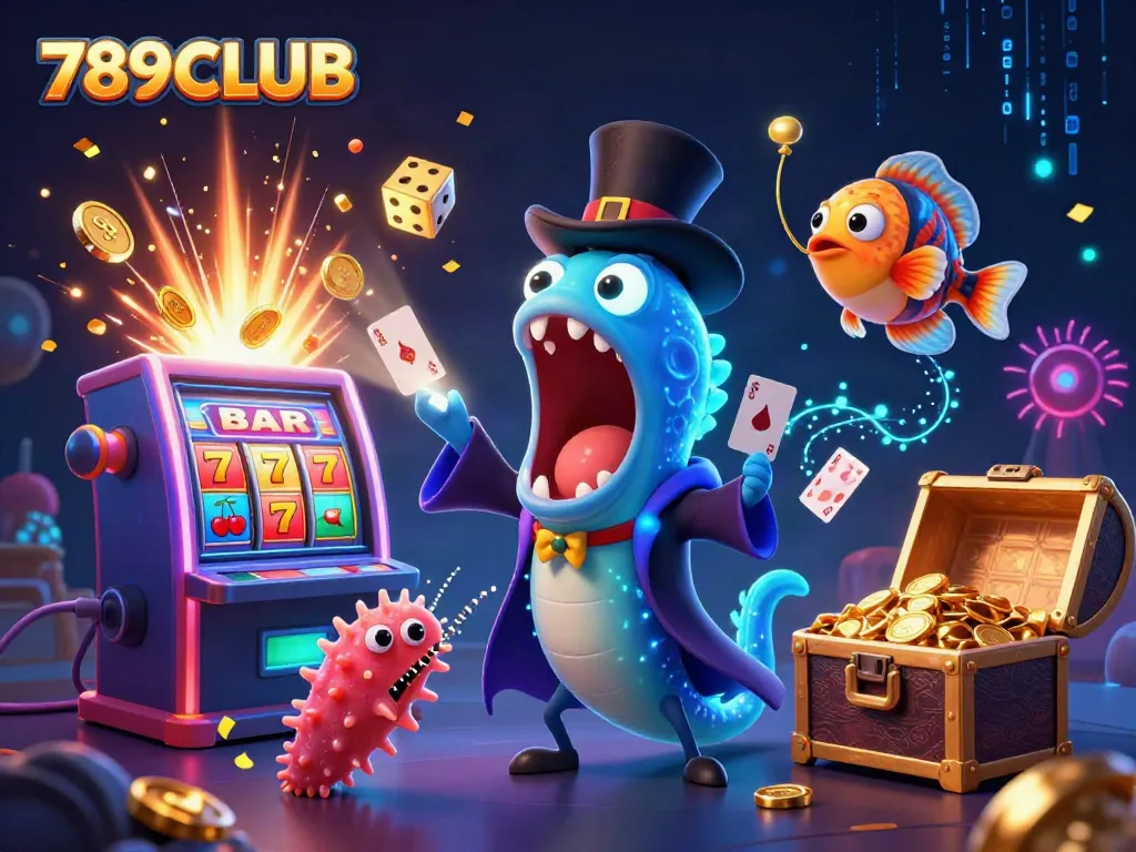Experience the magic of 789CLUB as deep-sea creatures perform thrilling card tricks amidst a vibrant casino setting.