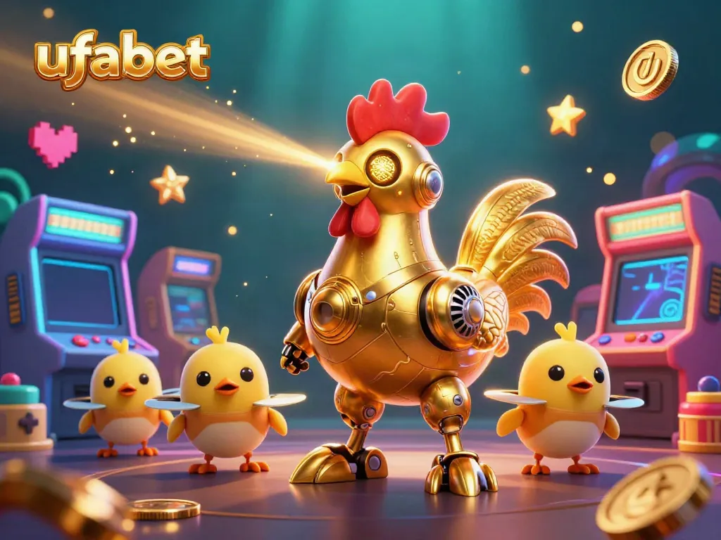 ภาพ 3D การ์ตูนสุดละเอียดที่แสดงให้เห็นถึง ufabet ถ่ายภาพในโลกของคาสิโนพร้อมกับเครื่องเล่นเกมที่สดใส.