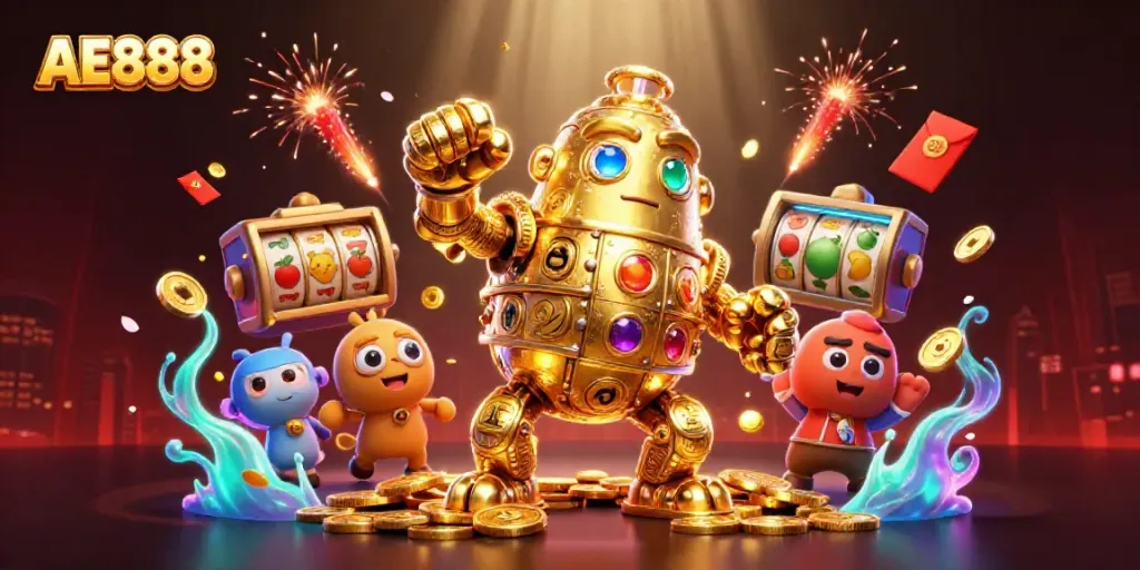 Spin the reels with AE888's spectacular casino experience and golden golem character.