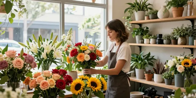 Flower delivery Adelaide florist creating colorful bouquets in a sunlit shop