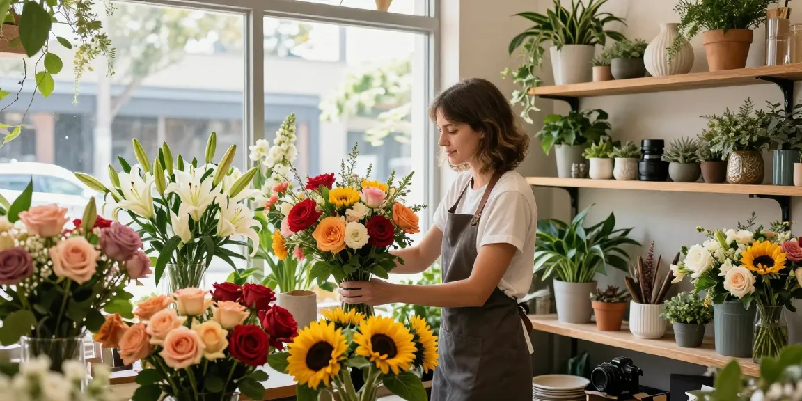 Flower delivery Adelaide florist creating colorful bouquets in a sunlit shop