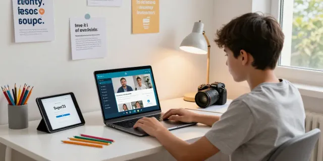 Student accessing Super33 login on modern laptop at home study.