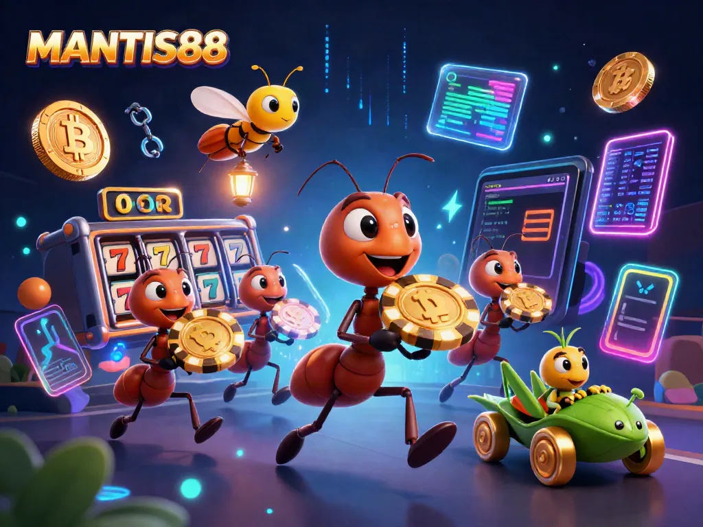 MANTIS88 ants stealing a giant poker chip while surrounded by neon coins and jackpot symbols