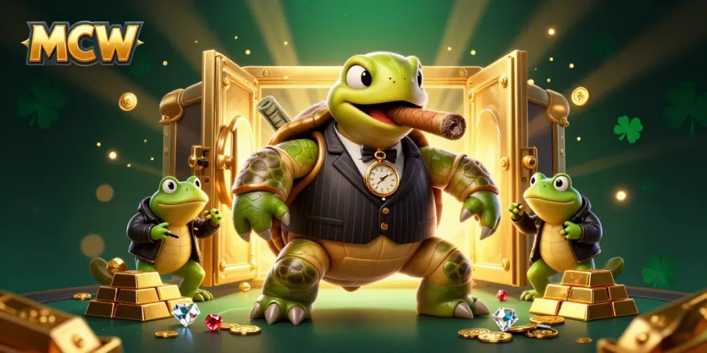 MCW's massive snapping turtle mascot leads a dynamic casino scene filled with gold and vibrant energy.