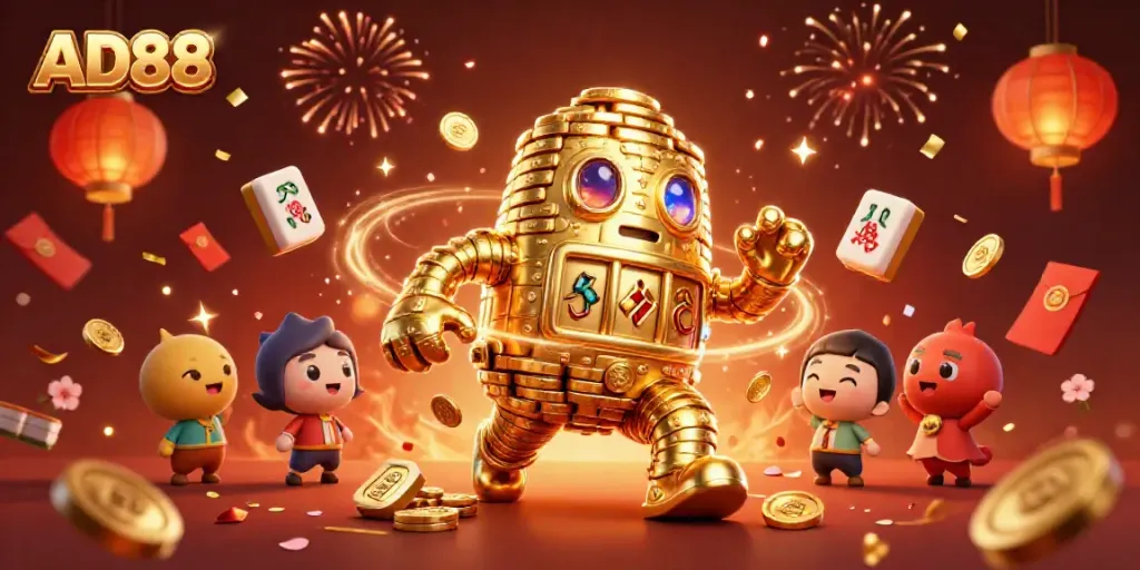 Experience online casino thrills with the AD88 golden golem and vibrant festive elements.