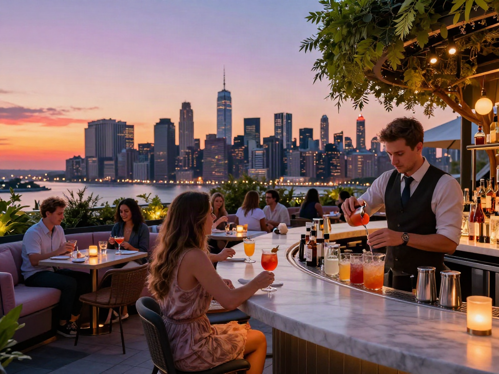 NoHu rooftop bar scene with patrons enjoying drinks and NYC views