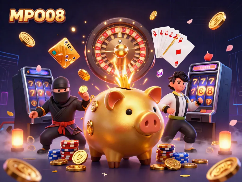 MPO08 showcases a dynamic casino scene with a golden piggy bank sumo wrestler, a wallet ninja, and a credit-card samurai amid a whirlwind of casino elements.