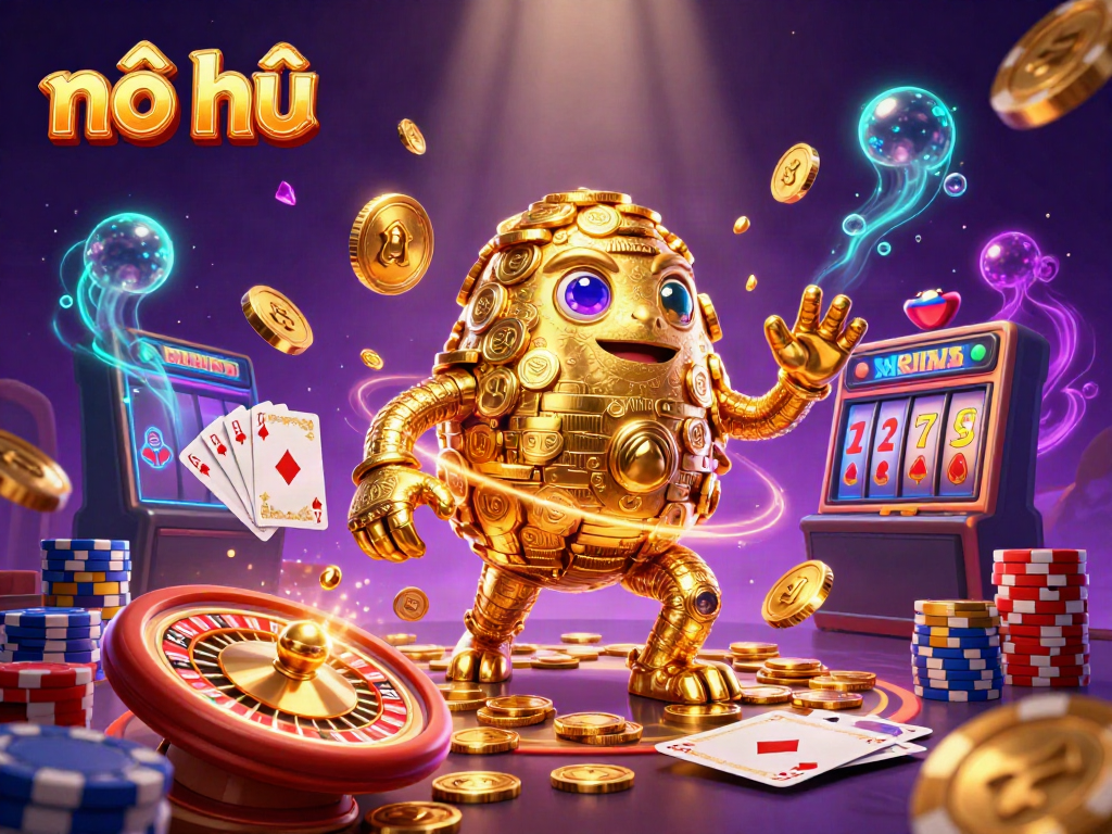 Engage in nổ hũ with a dynamic 3D representation of a golden golem amidst a cascade of coins and casino elements.