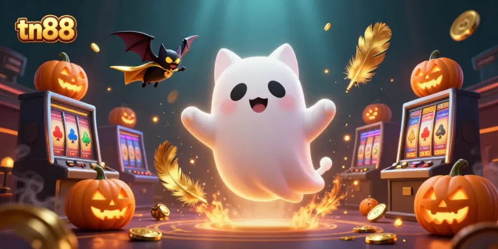 Engage with tn88's vibrant casino scene featuring a friendly ghost cat and vampire bat.