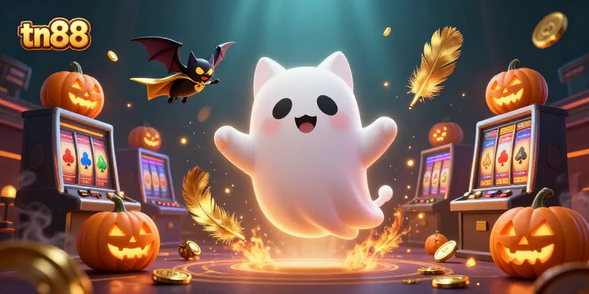 Engage with tn88's vibrant casino scene featuring a friendly ghost cat and vampire bat.