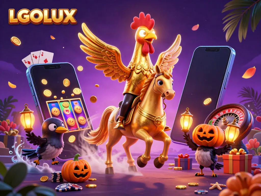 Experience the excitement of LGOLUX with a vibrant 3D casino scene featuring a golden rooster riding a spectral horse.