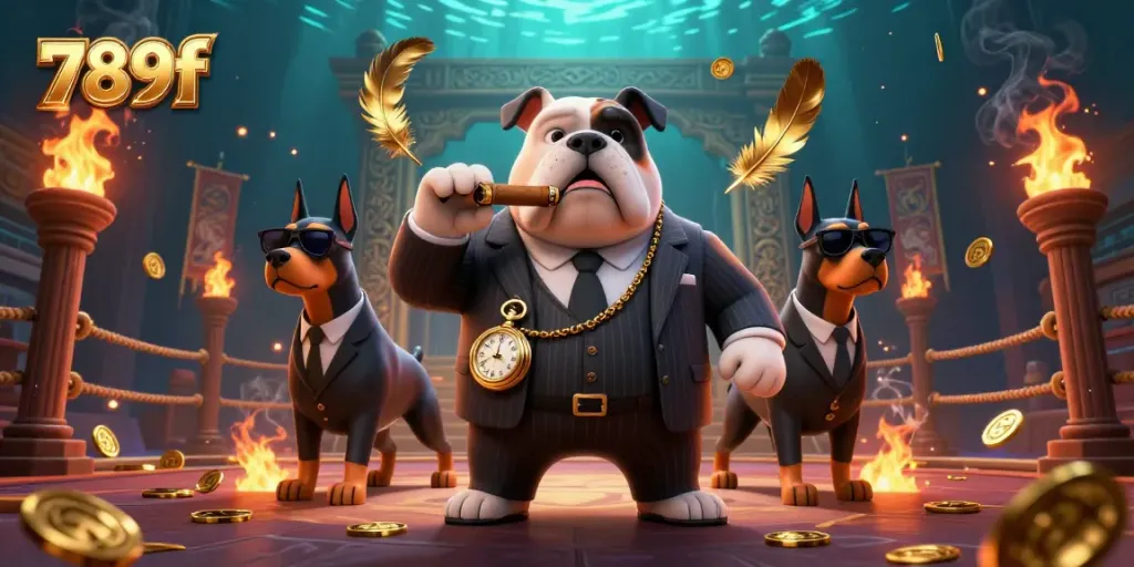 Join the excitement at 789f with a mafia bulldog and bodyguards amid dynamic casino elements.