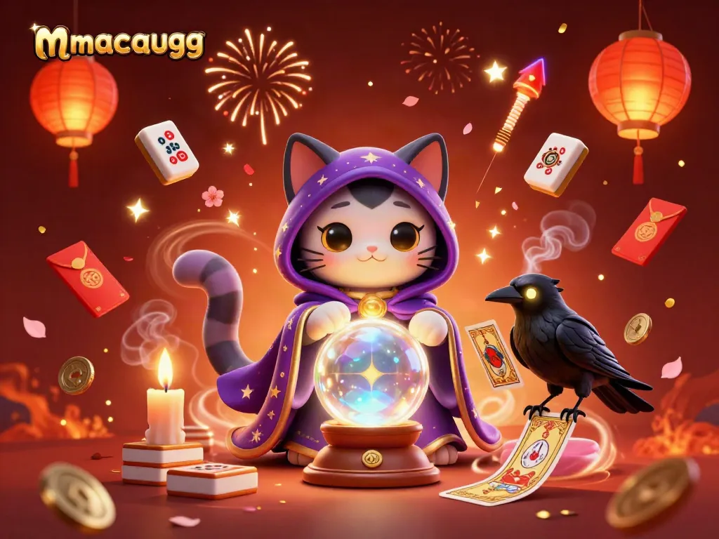 Experience the vibrant 3D fortune teller scene with magical elements celebrating macaugg gaming.