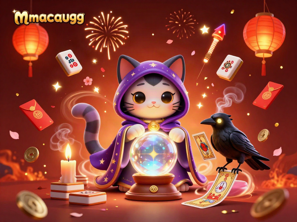 Experience the vibrant 3D fortune teller scene with magical elements celebrating macaugg gaming.
