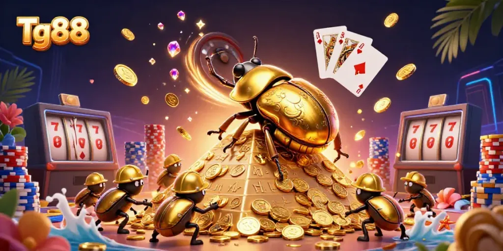 Tg88 showcases a vibrant depiction of a golden beetle pushing coin-filled spheres, emphasizing excitement in casino gaming.