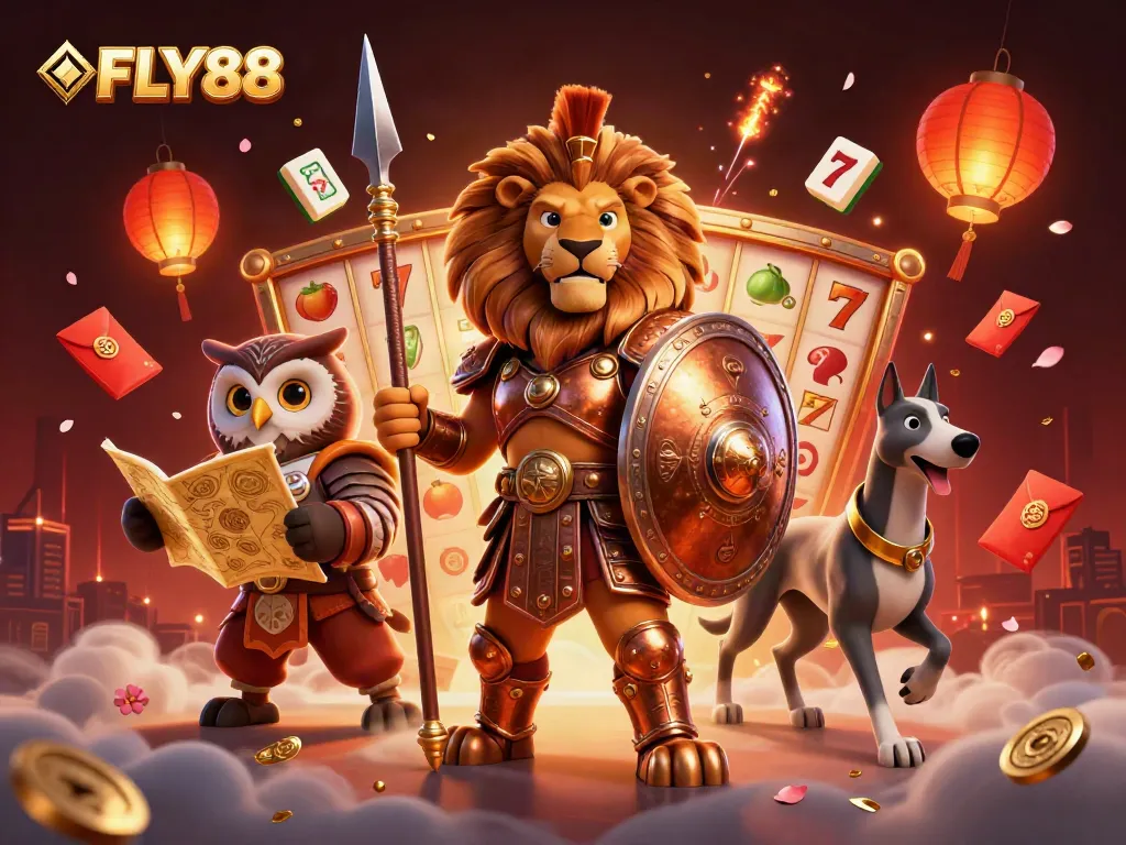 FLY88 gaming illustration featuring a Spartan lion, tactical owl, and greyhound amid classic casino symbols.