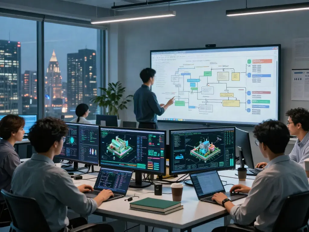 Diverse engineers collaborating in a modern workspace focused on AI infrastructure, analyzing data on multiple screens.